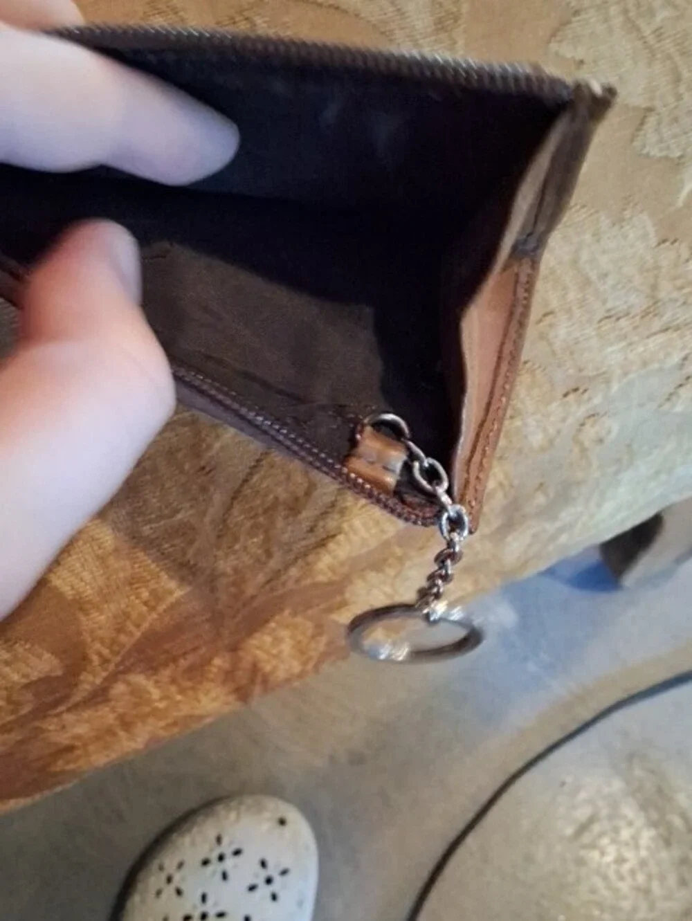 Coach Monogram Canvas Card Case with Brown Leather Trim and Key Ring